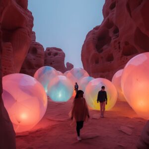 People walking through AlUla with magical balls lit up around them